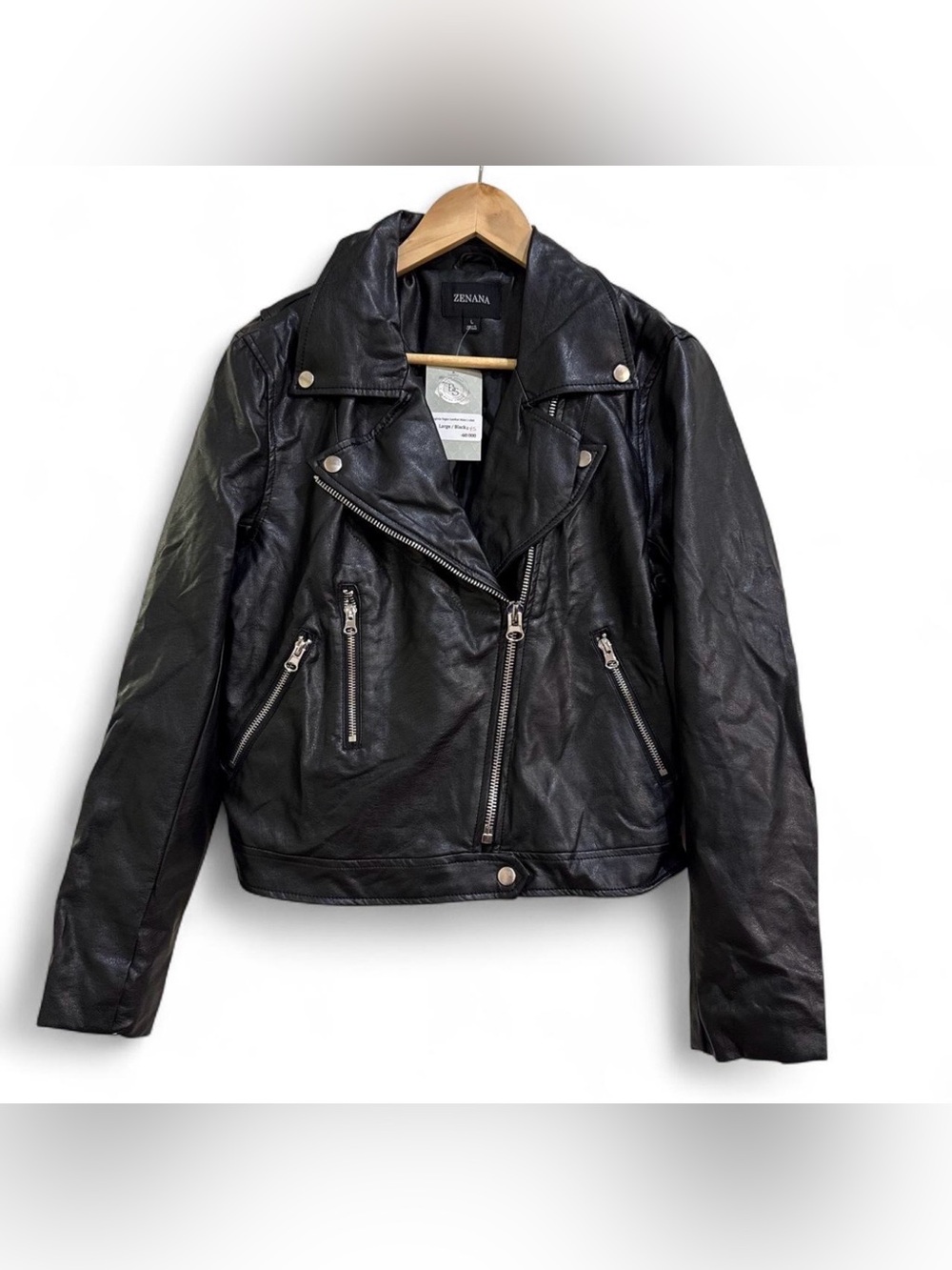 Zenana Virginia Black Vegan Leather Moto Jacket Size L NWT